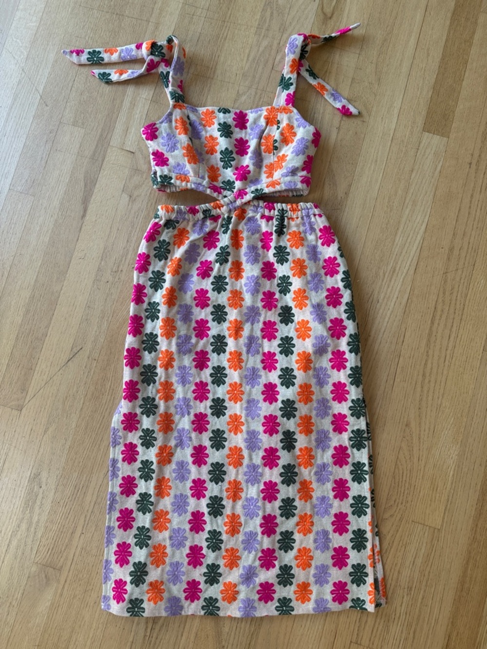 NWOT: Saltwater Luxe Tie-Shoulder Midi Dress w/ Waist Cutout & Side Slits, sz. S